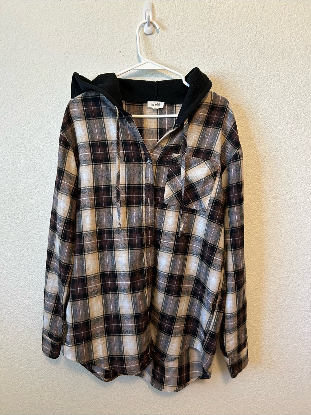 LA MIEL Black, Brown, Cream Plaid Hooded Shirt Jacket